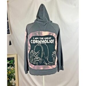 Upcycled Womens Gray Hoodie XL Beavis Butthead Cornholio Tye Dye Skate Grunge